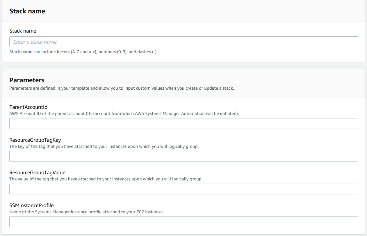 Image shows CloudFormation console Step 2 “Specify stack details” of Create Stack, in the child account.