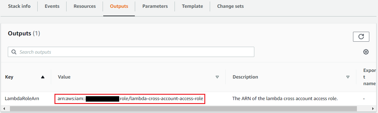 Image shows the child account Cloudformation outputs.