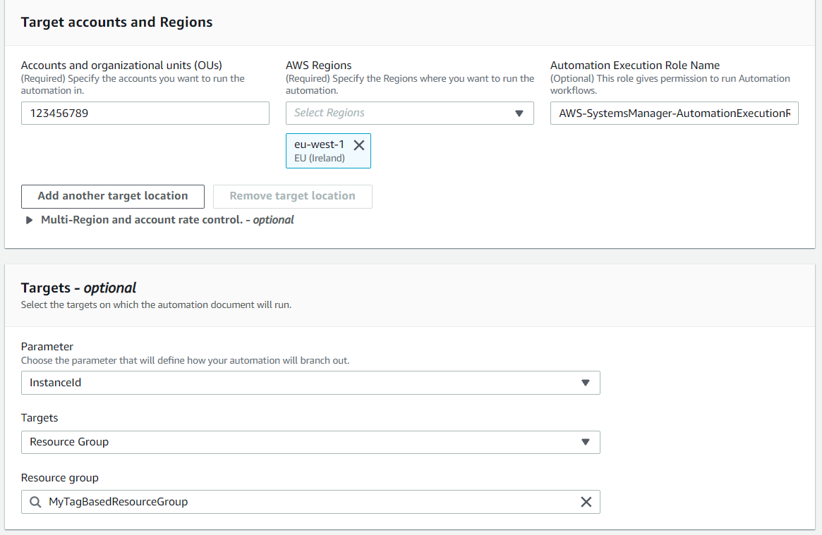 Execute automation document page on AWS Systems Manager Automation Console, first half.