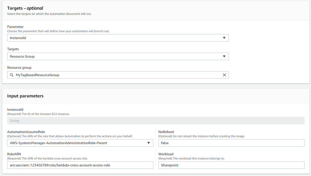 Execute automation document page on AWS Systems Manager Automation Console, second half.
