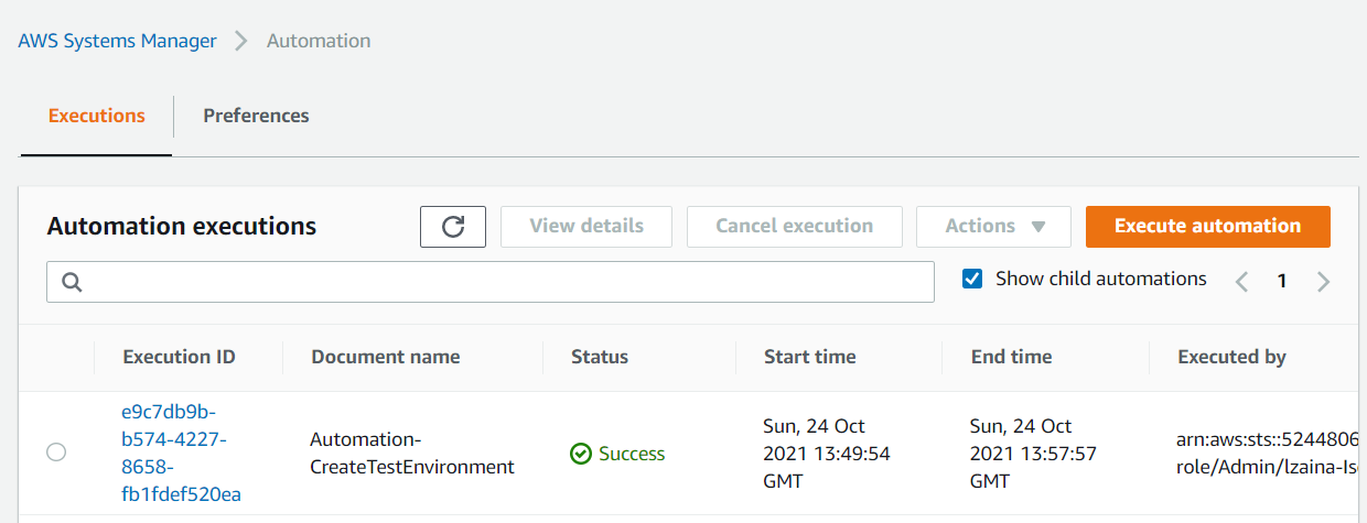 Automation executions in the AWS Systems Manager console.