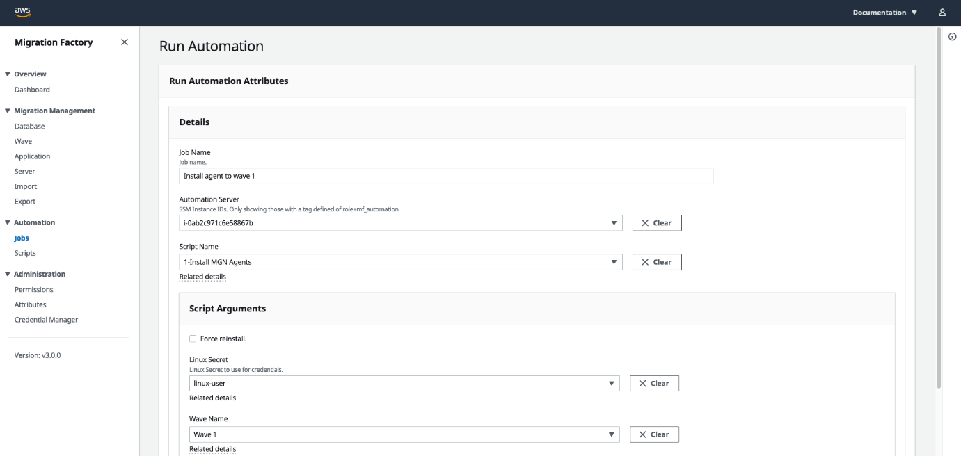 A screenshot of the Run Automation page, which accepts input parameters such as Job Name, Automation Server, Script Name, Linux Secret, and Wave Name.