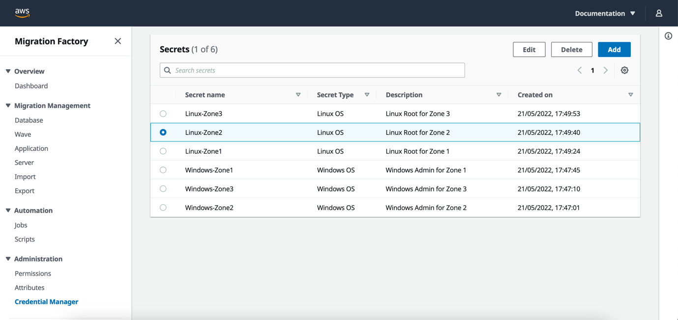 A screenshot of the Secrets page, showing that six secrets have been added to the credential manager. This includes three Linux credentials and three Windows credentials.