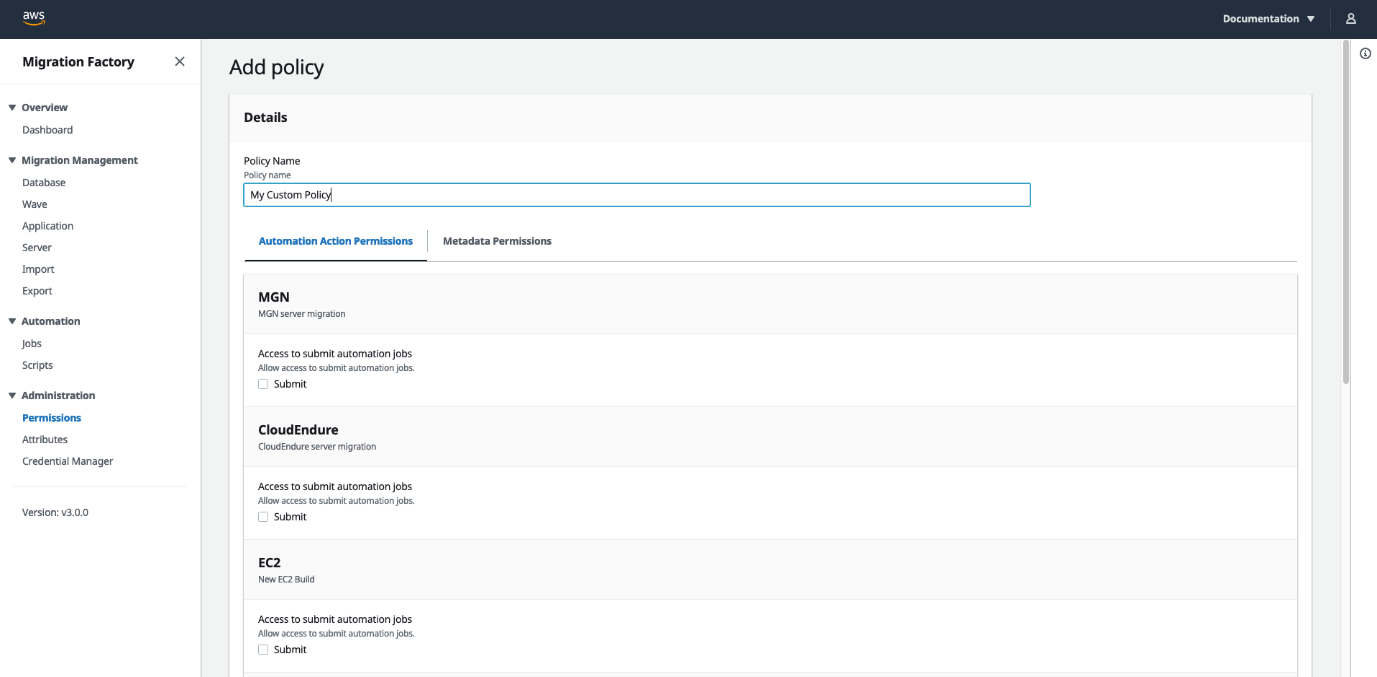A screenshot of the Add policy page showing that a custom policy can be created by selecting the permissions you wish to apply.