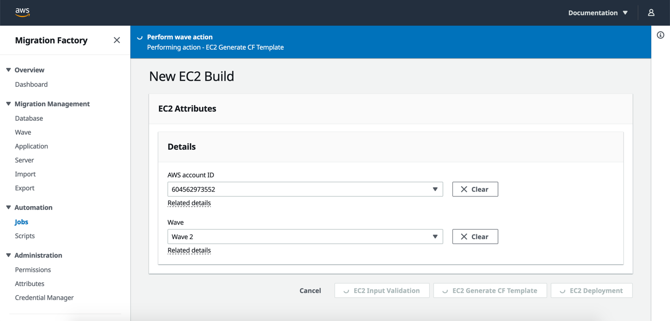 A screenshot of the New EC2 Build page showing how to generate an EC2 CloudFormation template from the migration meta-data.