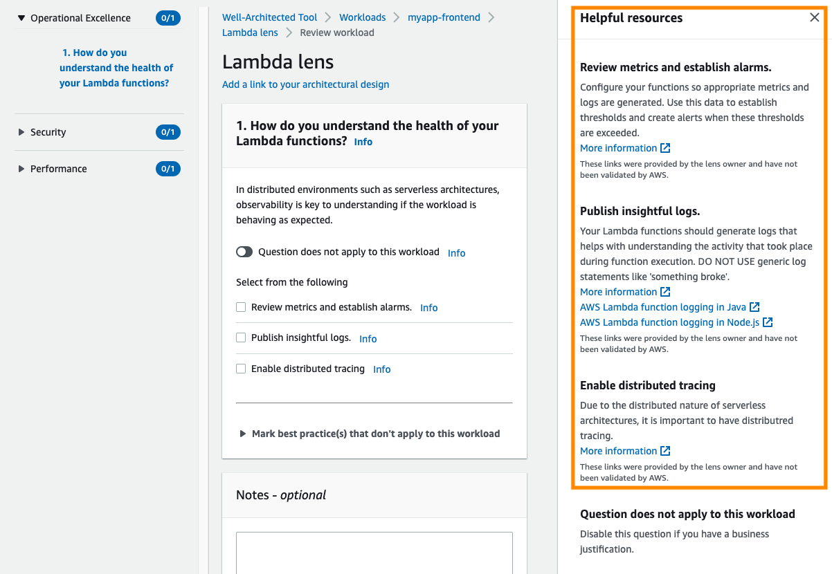 Helpful resources defined in the custom lens as it appears during a review of a workload using the custom lens