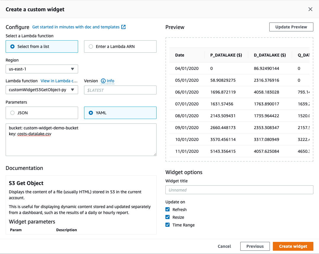 The Create a custom widget screen is shown. The preview pane now shows a formatted HTML table for the CSV file from Amazon S3.]
