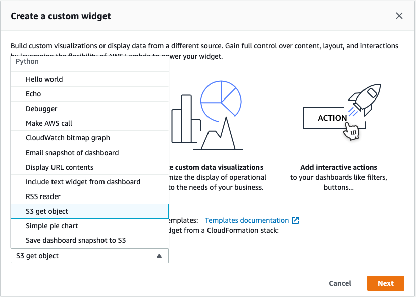 The Create a custom widget window is displayed, and the Python widget S3 get object is selected.
