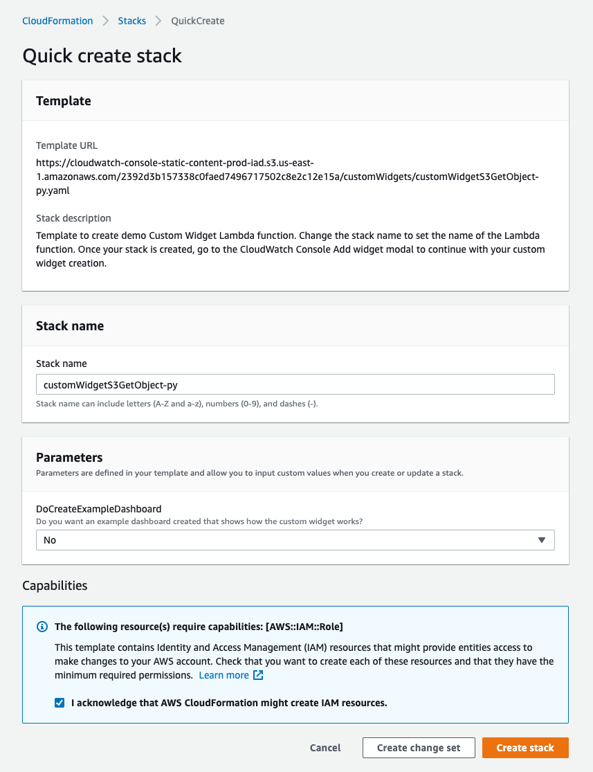The AWS CloudFormation create stack page is shown. Under Stack name, the default name of customWidgetS3GetObject-py is entered. Under Parameters, No is chosen for DoCreateExampleDashboard. Under Capabilities, the IAM acknowledgment check box is selected.