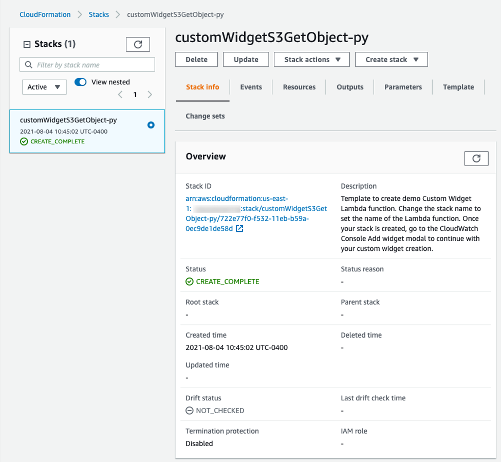 The AWS CloudFormation Stacks page is shown. The stack customWidgetS3GetObject-py is selected and showing a Status of CREATE_COMPLETE.]