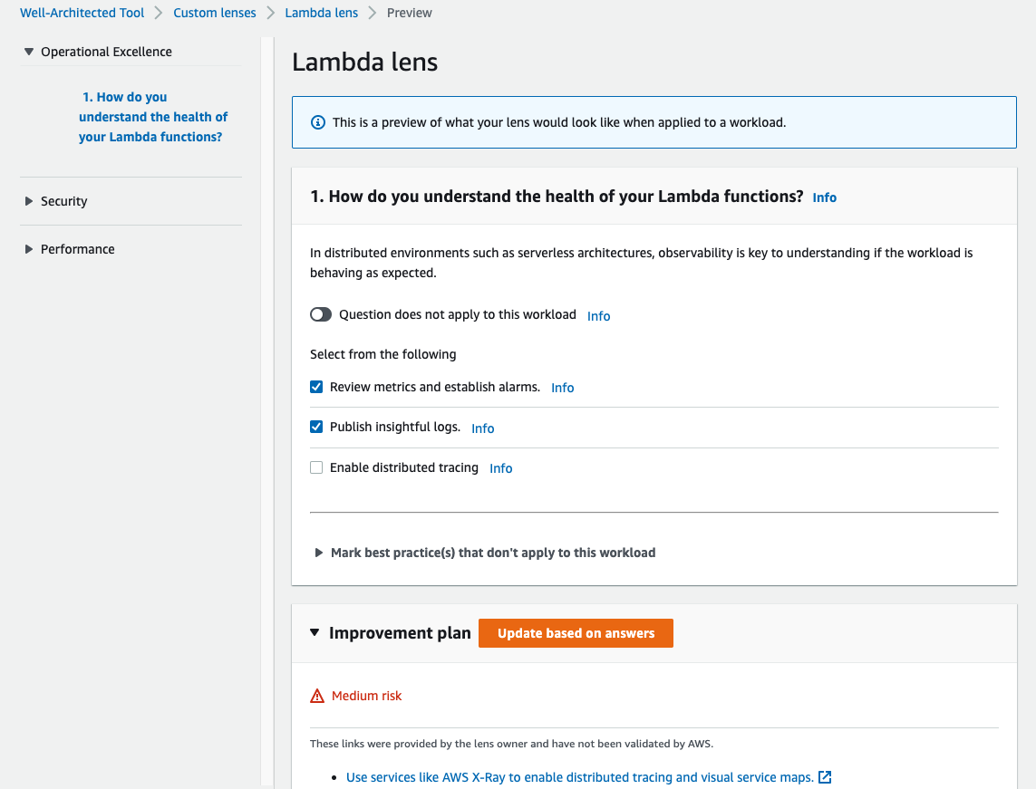 Preview of the custom lens on the AWS WA Tool