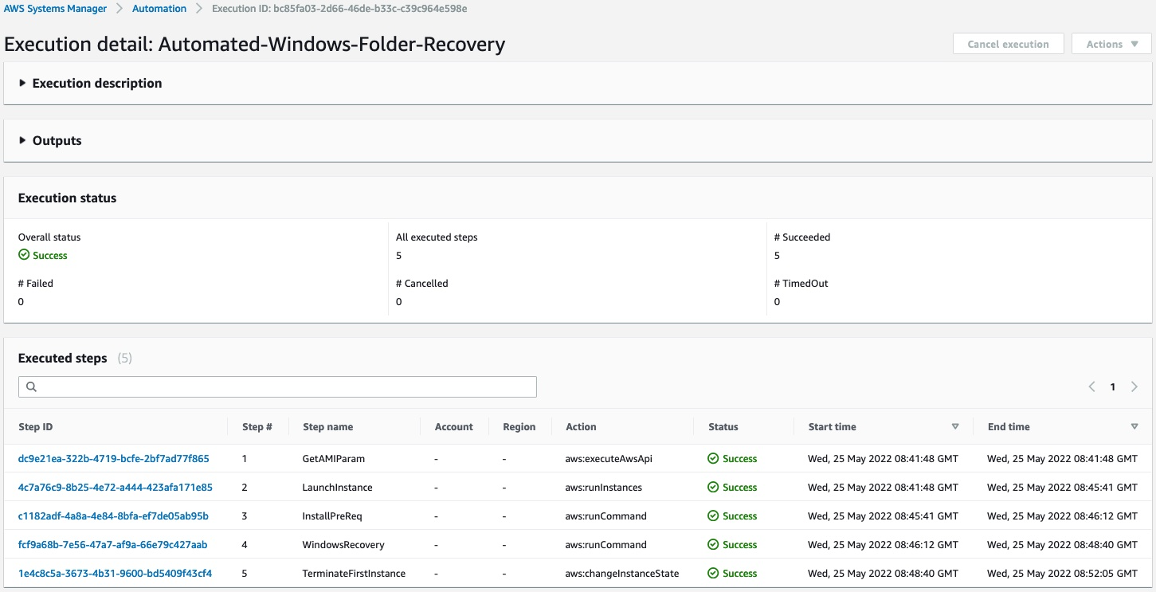 Screenshot showing the steps in the automation document and their execution status on the AWS console, in this case the status is success.