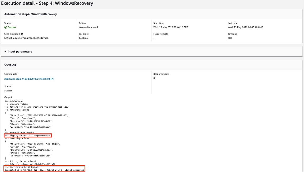 Screenshot of command output showing AWS console with output from the command execution, creation of volume, attachment, mounting of volume, zipping of folder, detachment of volume, deletion of volume, and upload of zip containing folder.