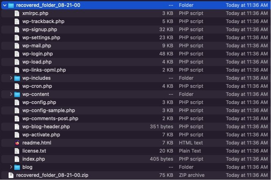Screenshot showing the expanded zip file with the same folder and files that we wanted to recover from the beginning of the example.