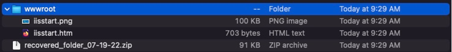 Screenshot showing the expanded zip file with the same two files iisstart.png and iisstart.htm that we wanted to recover from the beginning of the example.