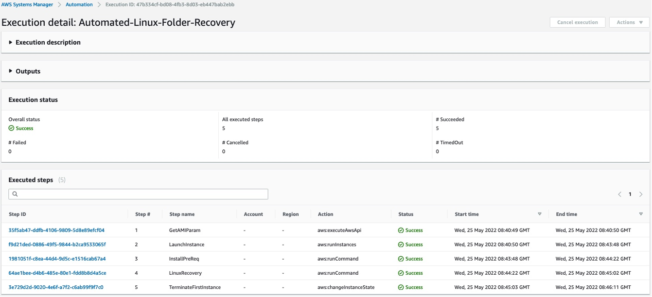 Screenshot showing the steps in the automation document and their execution status on the AWS console, in this case the status is success.