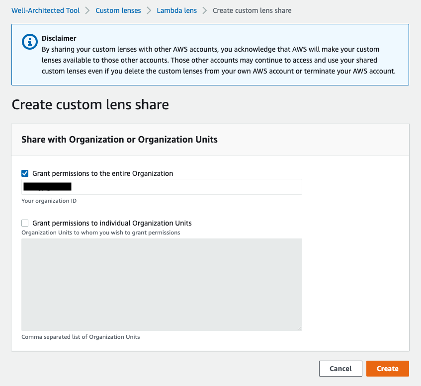 Create custom lens share wizard with Grant permissions to the entire Organization selected