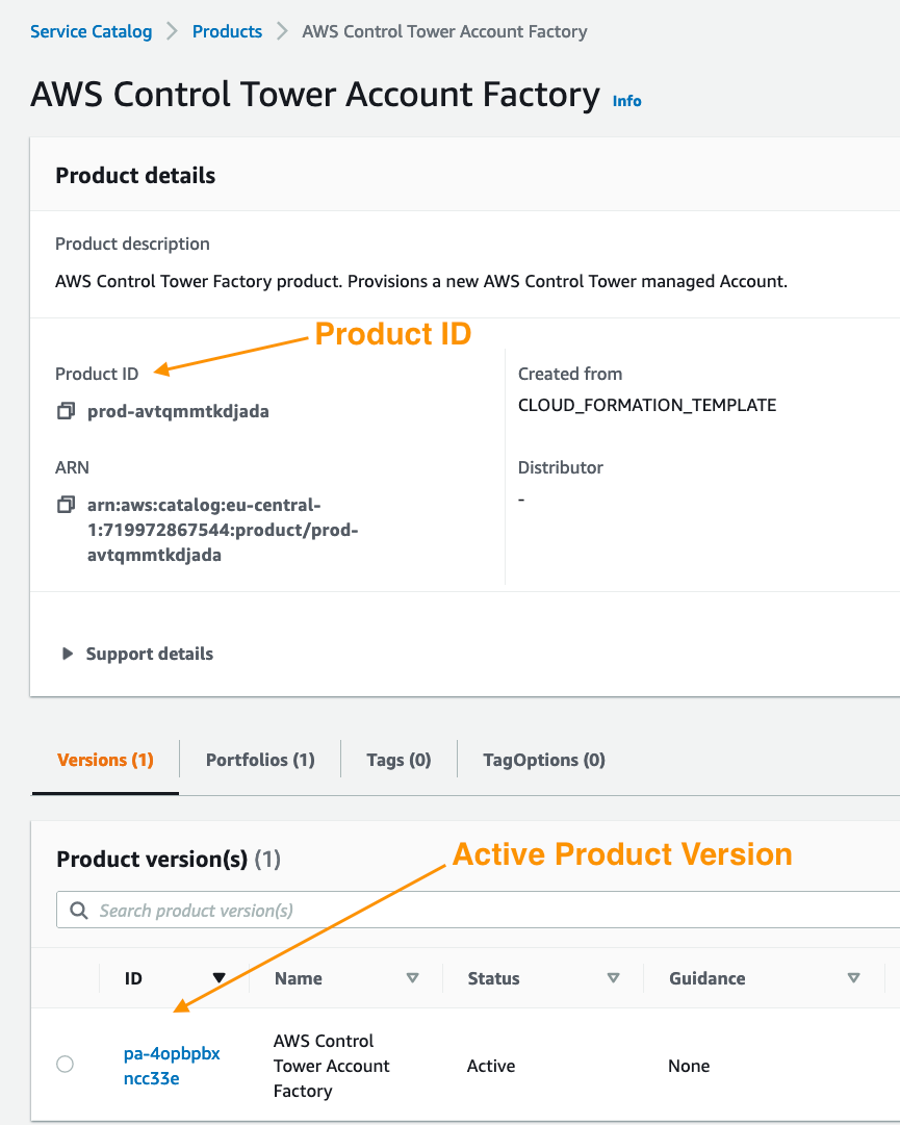 Picture showing Product ID (similar to prod-xxxx) and ID of the Active Product version (similar to pa-xxxxx) of AWS Control Tower Account Factory.