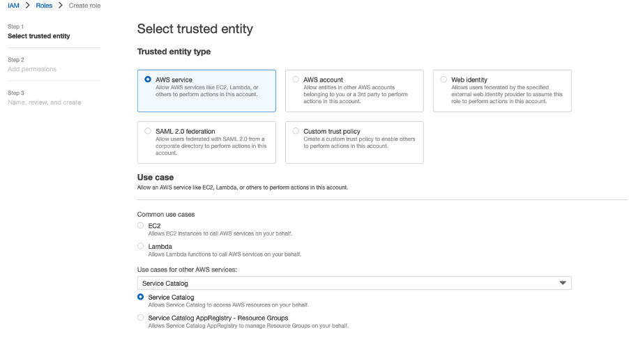 Picture showing creation of IAM role. The trusted entity type is AWS Service and Service Catalog has been selected to access AWS resources on your behalf.