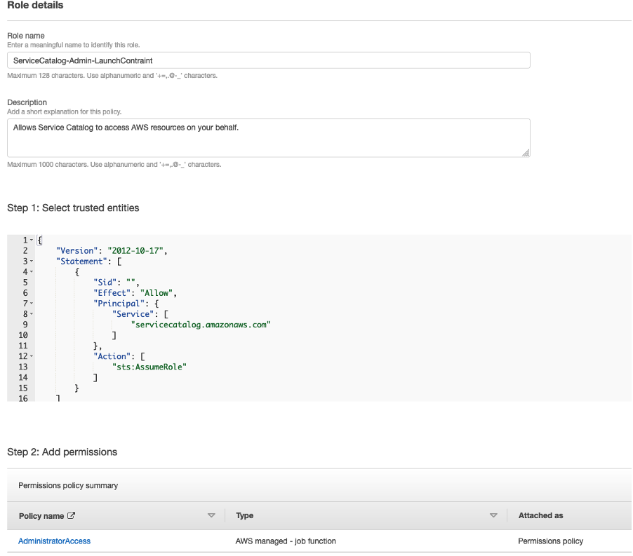 Picture showing adding AdministratorAccess IAM Policy to the IAM Role and selecting Service Catalog as a Trusted Entity.