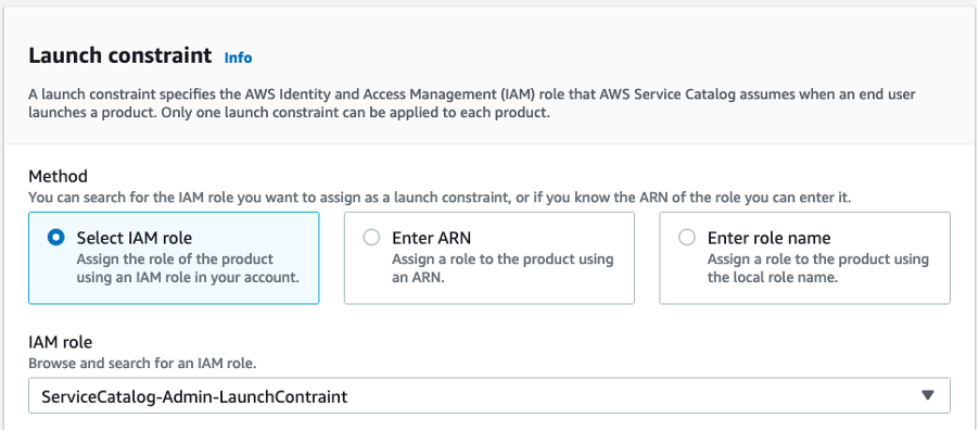 The template constraint limits showing in which OU the account be create. In this picture, its limited to OU-X only. The launch constraint limits which IAM role can be used to launch this template.