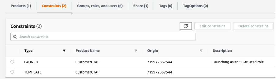 The image shows the Launch and Template constraints for ou-x-portfolio. Launch constraint limits which IAM role can be used and template constraint in this example limits which OU account can be created in.