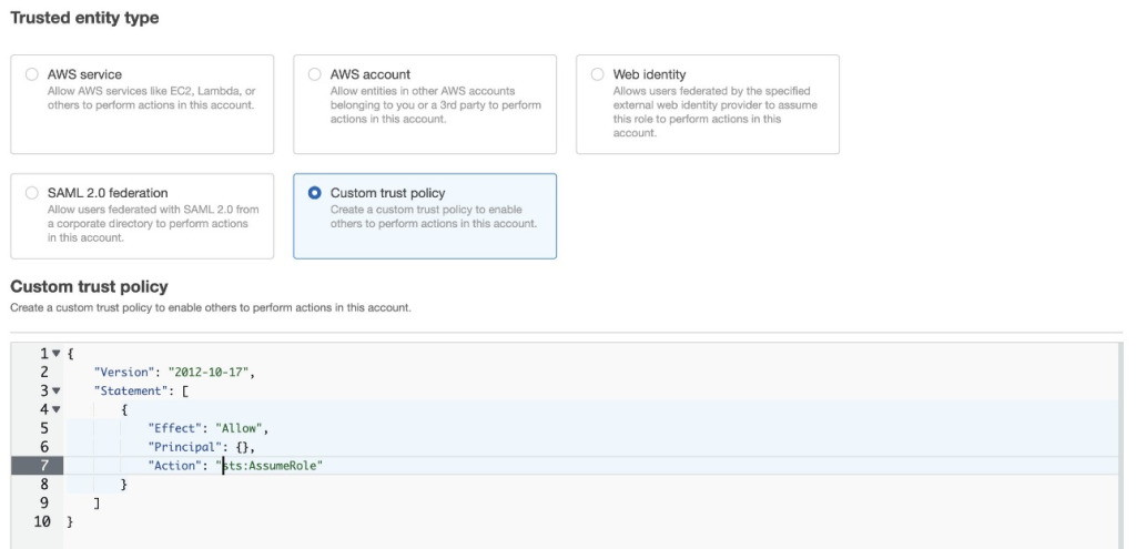 The custom role contains a custom trust policy.