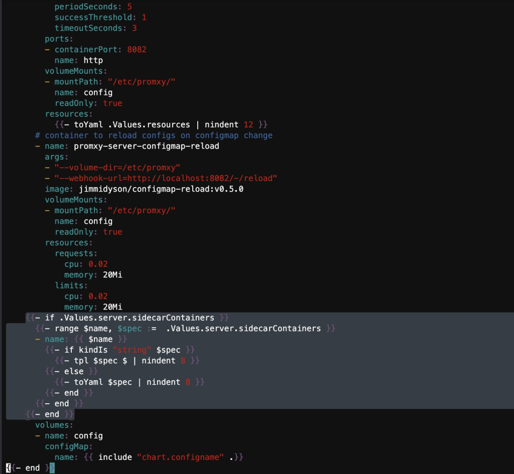The new lines of code should be added to the deployment.yaml file just before the volumes stanza.