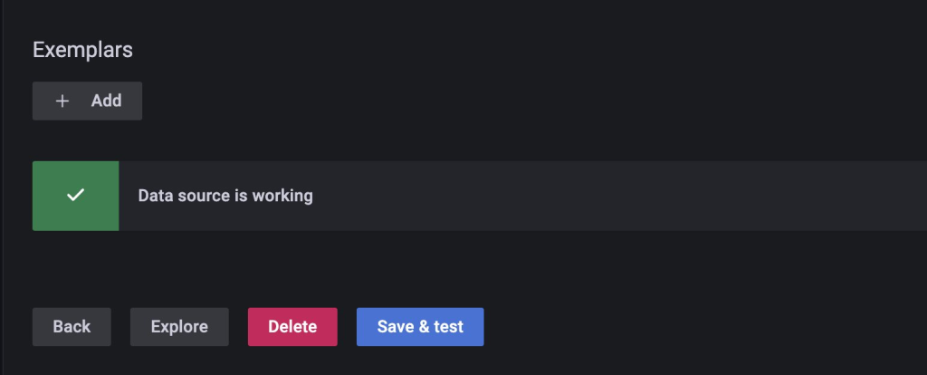 The data source will display a green check mark with the message “Data source is working” when it successfully connects to promxy.