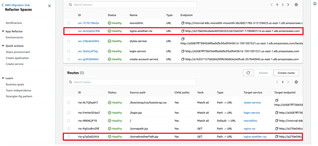 Figure 10. Migration Hub Refactor Spaces page for routes and services