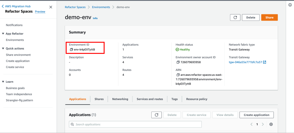 Figure 5. AWS Migration Hub Refactor Spaces environment detail page