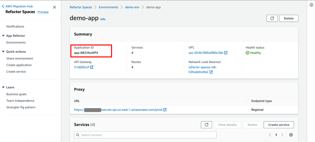 Figure 6. AWS Migration Hub Refactor Spaces application detail page