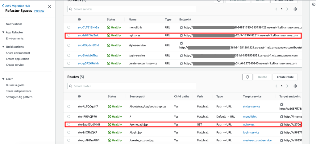Figure 9. Migration Hub Refactor Spaces page for routes and services