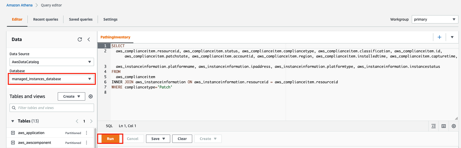 Athena Query execution takes few inputs such as Data Source as AWS Data Catalog and Database selected as managed instances database