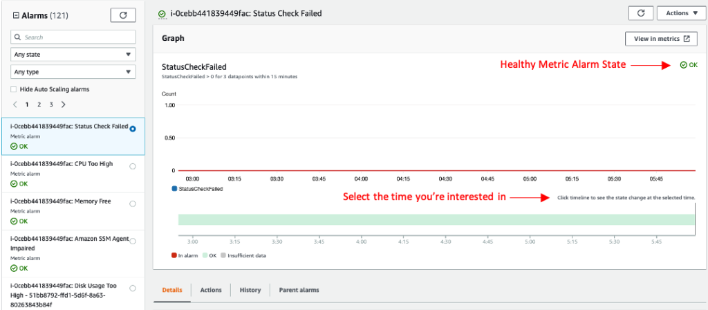 In the CloudWatch dashboard, under details, the instance has now returned to a healthy state. Once AMS automation successfully implements the mitigation, we inform you through a follow-up alert notification. In case AMS is unable to mitigate, we provide recommendations in our report about the next steps you must take to bring the instance back to an operational state. Your team can always respond to the alert notification and collaborate with AMS operations, which is available 24/7/365, to find the optimal solution.