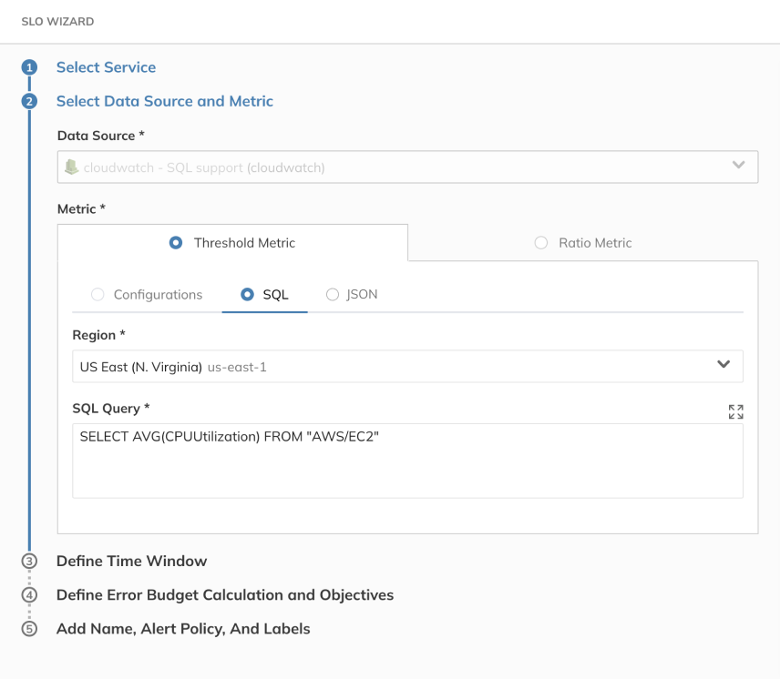 SLO wizard, step two "Select data source and metric". "SQL" selected under "Threshold metric" showing SQL query box.