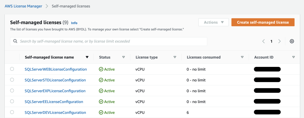 The customer managed licenses are displayed in a list organized by license configuration name, status, license type, licenses consumed, and account ID.