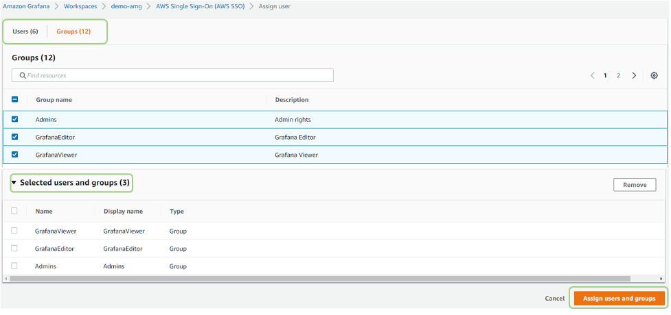 This screenshot illustrates how you can add individual users and user groups to access Amazon Managed Grafana