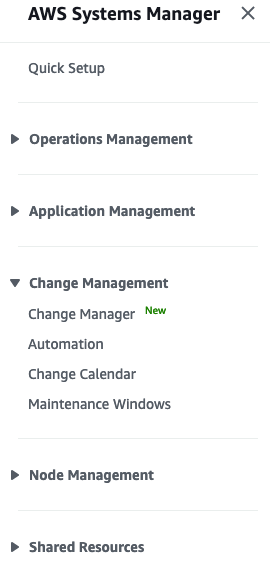 AWS Systems Manager UI options. Navigates to Change Management > Automation.