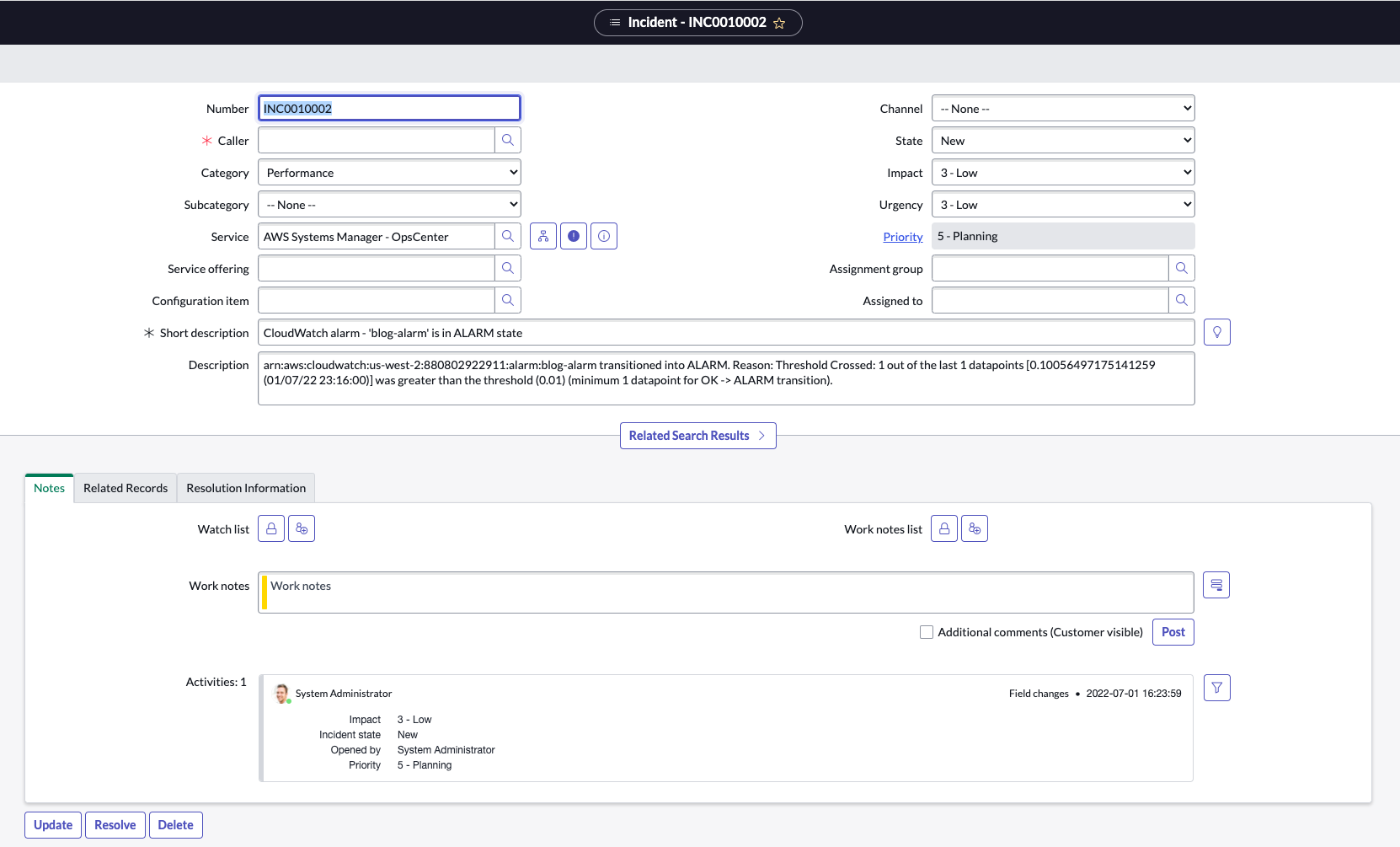 The ServiceNow Incident console shows an incident for the AWS Systems Manager OpsItem. The screen also shows other additional details for the incident such as short description, description and state.