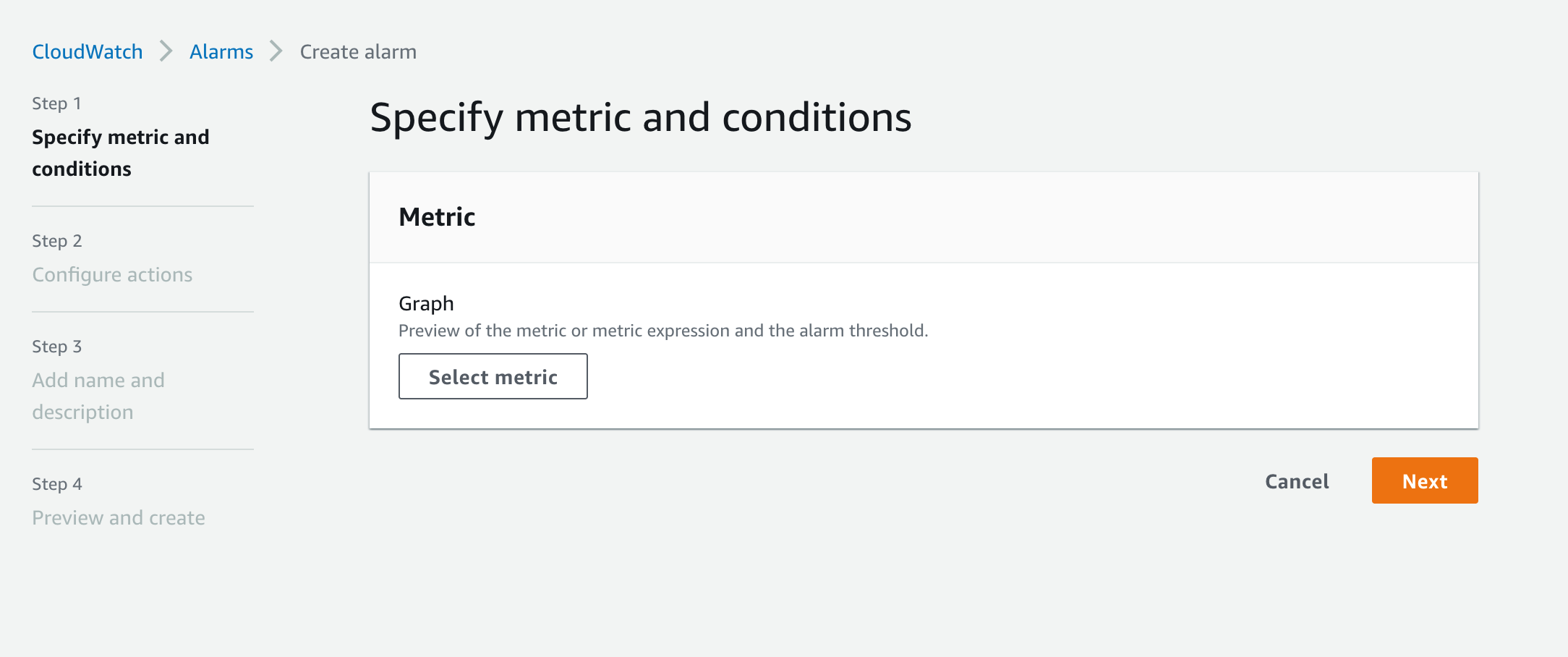 The Create CloudWatch alarm – Specify metric and conditions page shows an option to select metric for the alarm.
