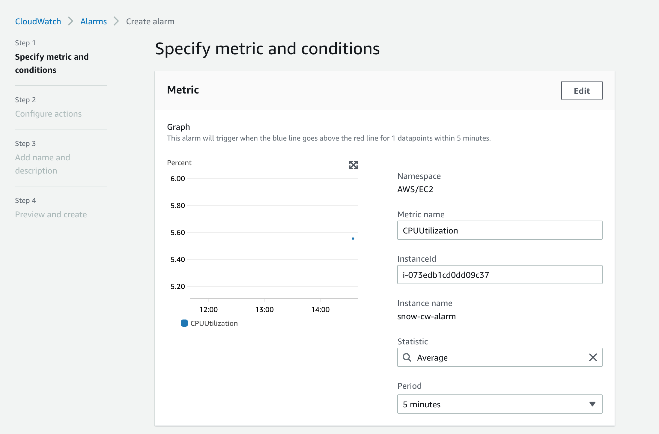 The Create CloudWatch alarm - Specify metric and conditions page displays a Metric name field set to CPUUtilization and an InstanceId field where instance id of my EC2 instance is entered. This screen also displays default values for Statistic and Period fields.