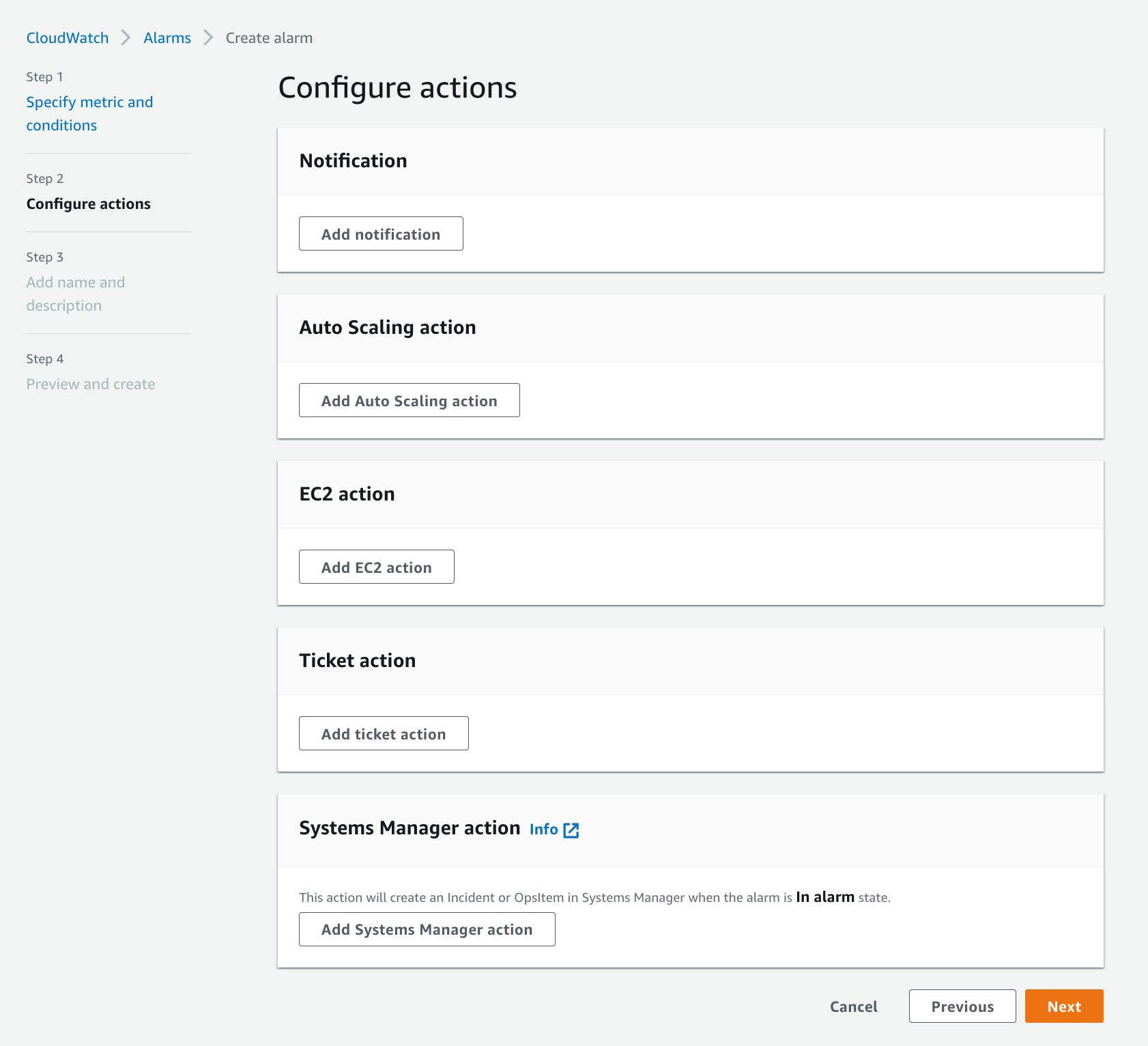 The Create CloudWatch alarm – Configure actions page shows options such as Notification, Auto Scaling action, EC2 action, Ticket action and Systems Manager action to configure actions for the alarm. 
