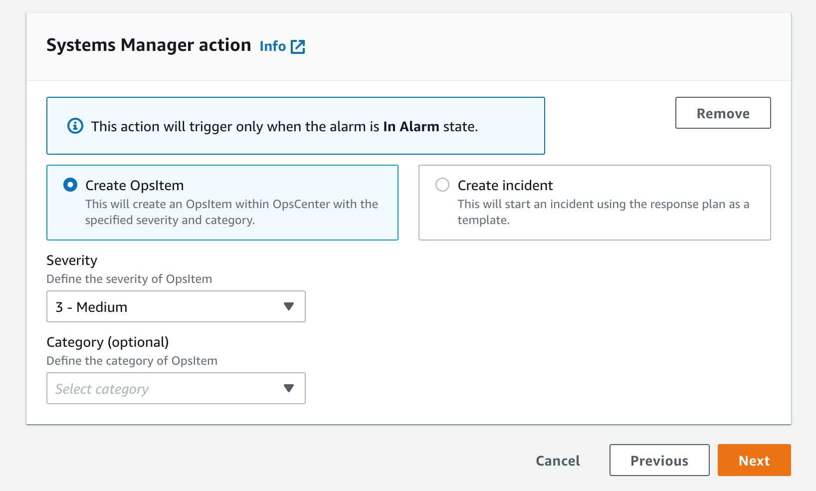 The Systems Manager action window displays a Create OpsItem option is selected and severity of OpsItem selected as 3 - Medium. The categoty of OpsItem is not defined on this page.