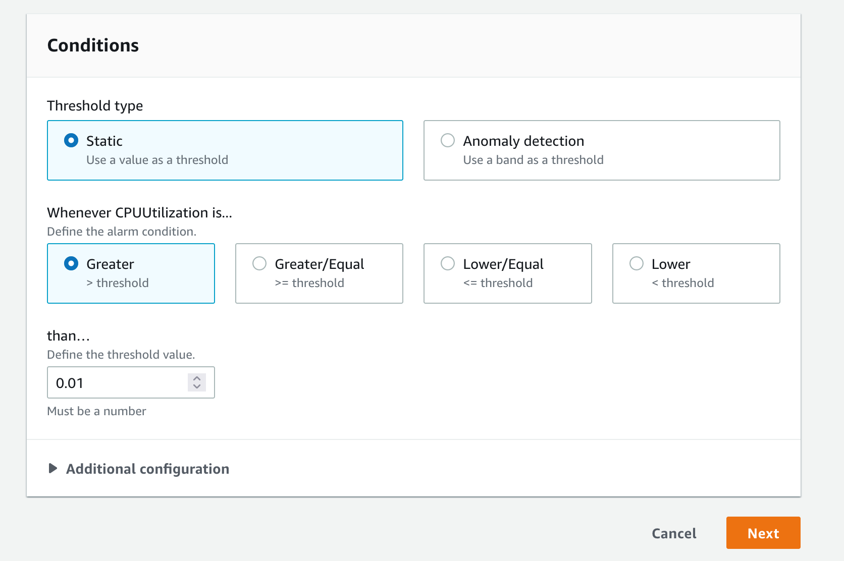 The Create CloudWatch alarm – Conditions section displays a Threshold type field set to Static, Whenever CPUUtilization is… field set to Greater, and a than… field where 0.01 is entered.