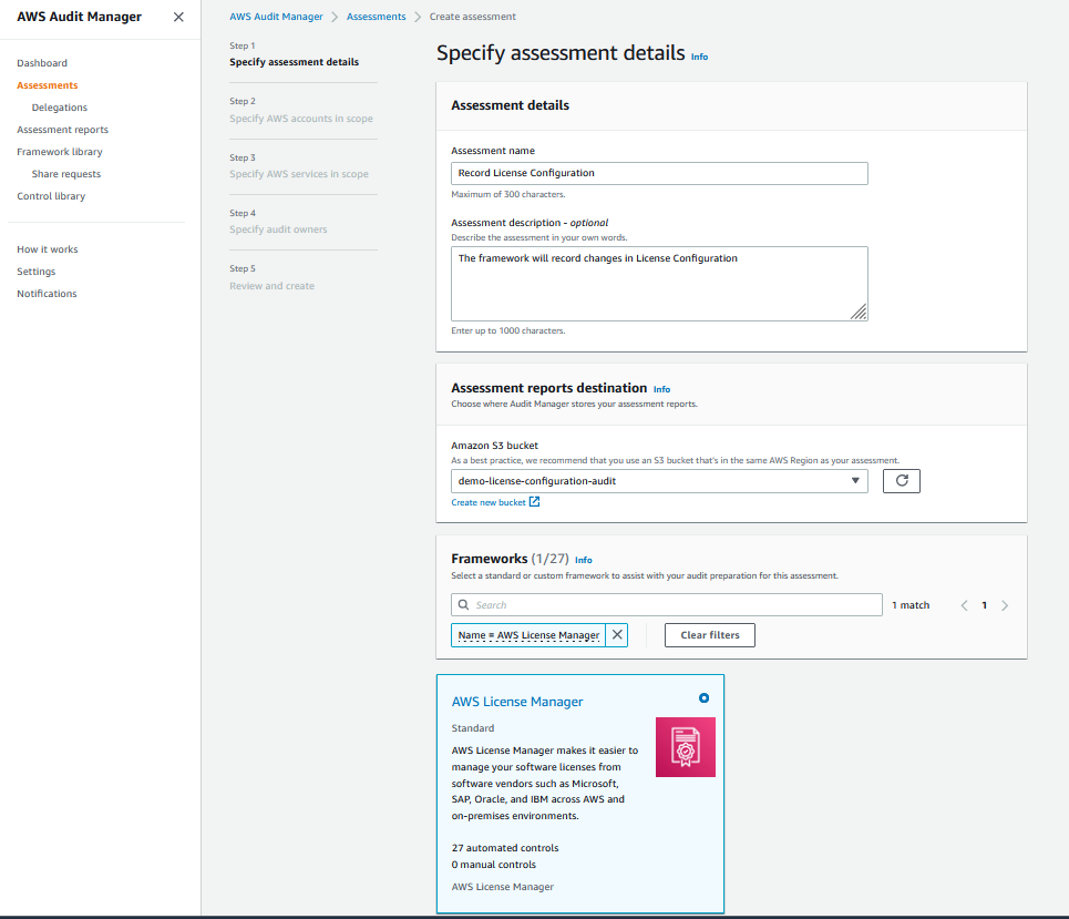 The Specify assessment details page provides fields for name and description. It also includes sections for Assessment reports destination, Frameworks, and Tags.