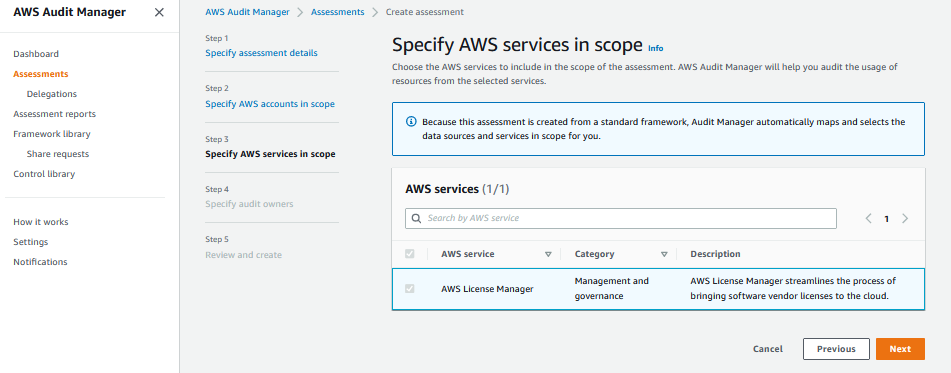 In the AWS services list, AWS License Manager is selected. Its category is Management and governance.