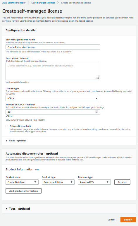 The Create self-managed license page includes sections for Configuration details, Automated discovery rules, and Tags.