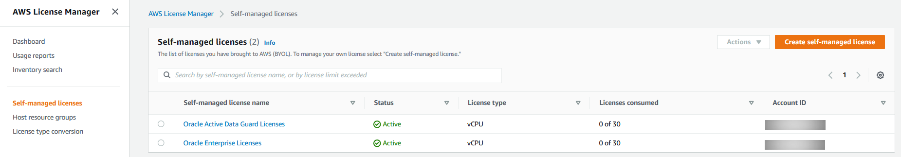 Oracle Active Data Guard & Oracle Enterprise Licenses appears in the self managed licenses list. They have a status of Active. 0 of 30 licenses are consumed for both.