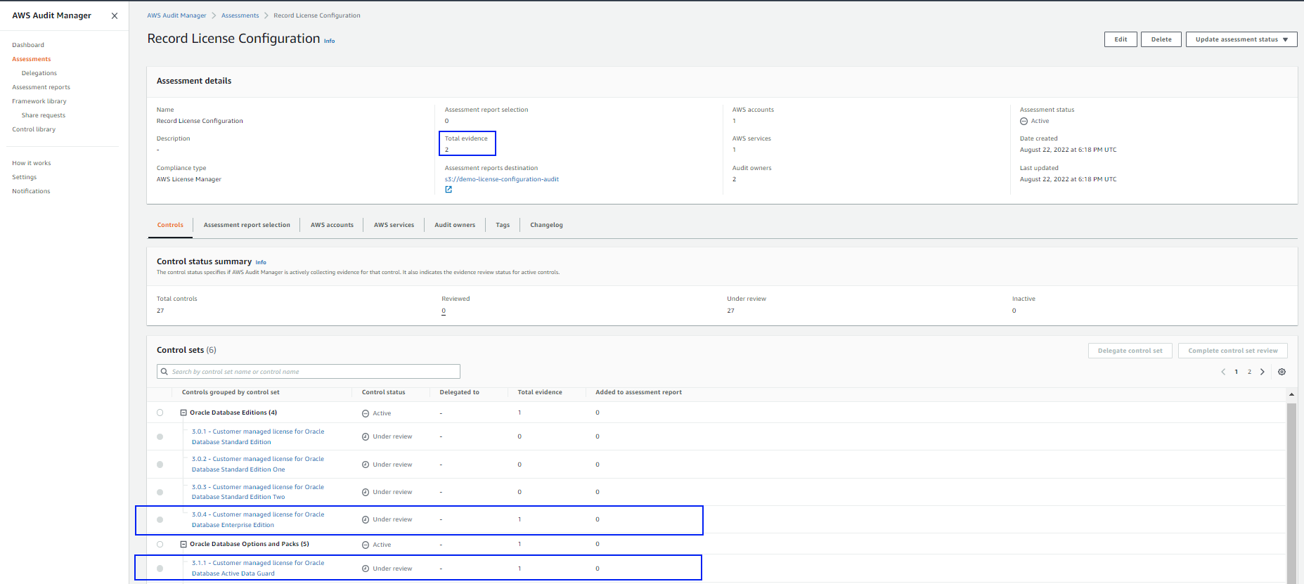 The Figure shows assessment detals, control status summary and control sets with collected evidence